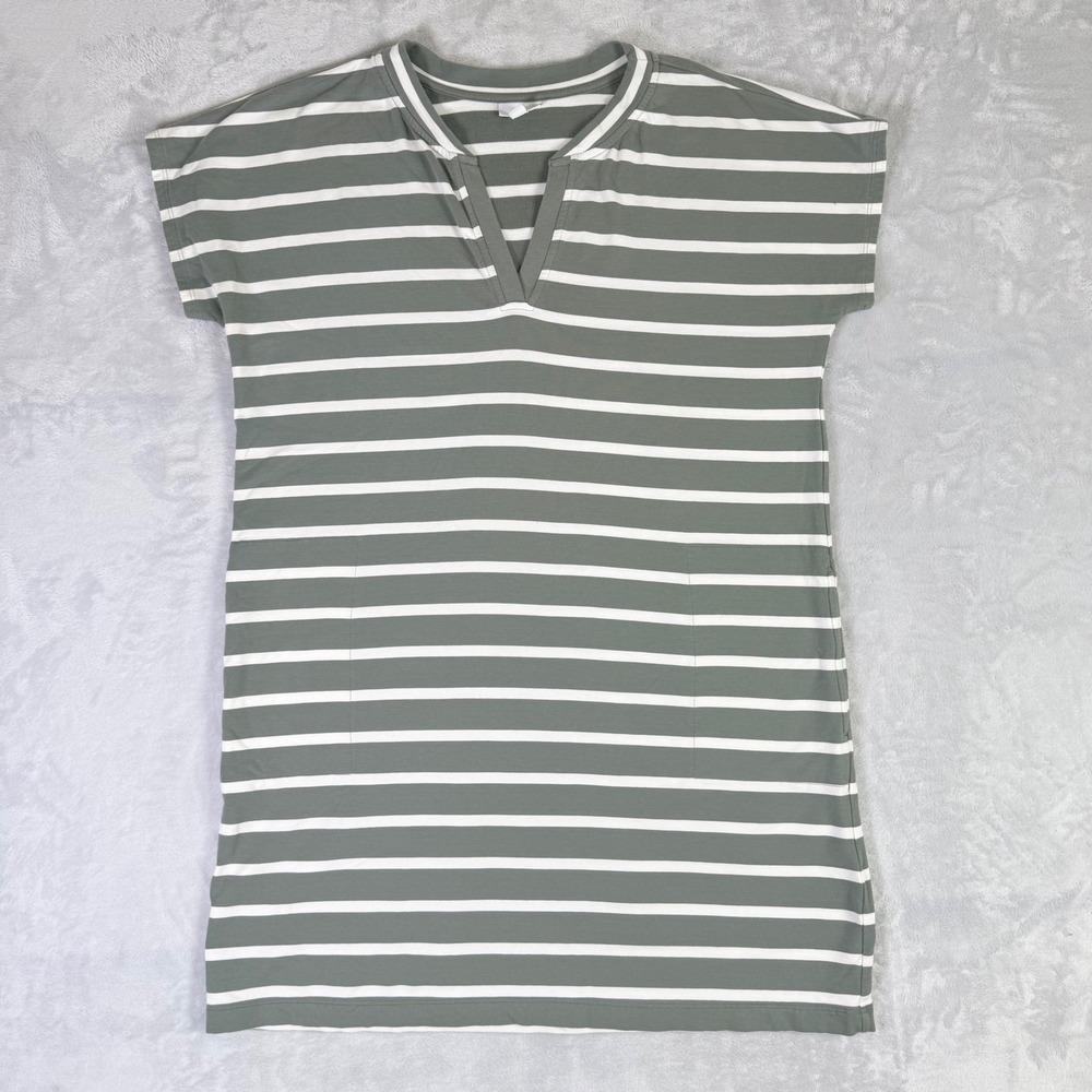 J Jill Fit T-Shirt Dress Women Large Green Striped Split Neck French Terry